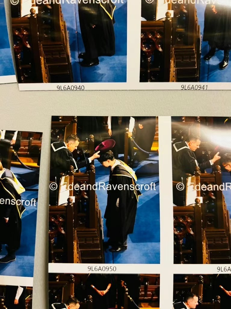 Printed photo contact sheets from Xinyu Guan's graduation ceremony